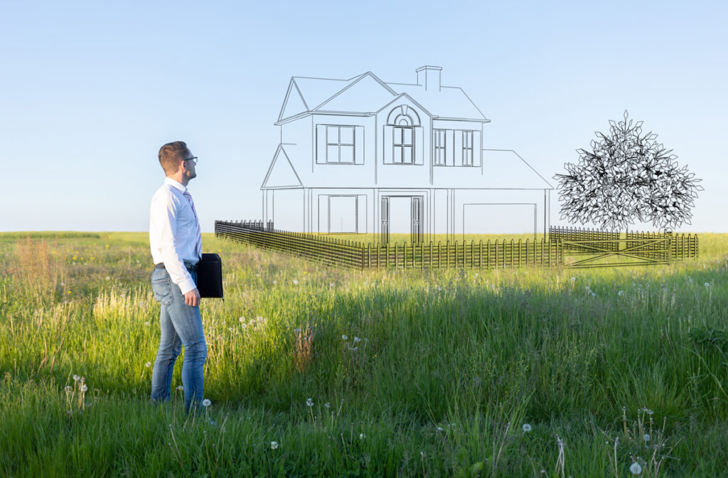 A man in a field looking at a drawing of a house in El Paso.